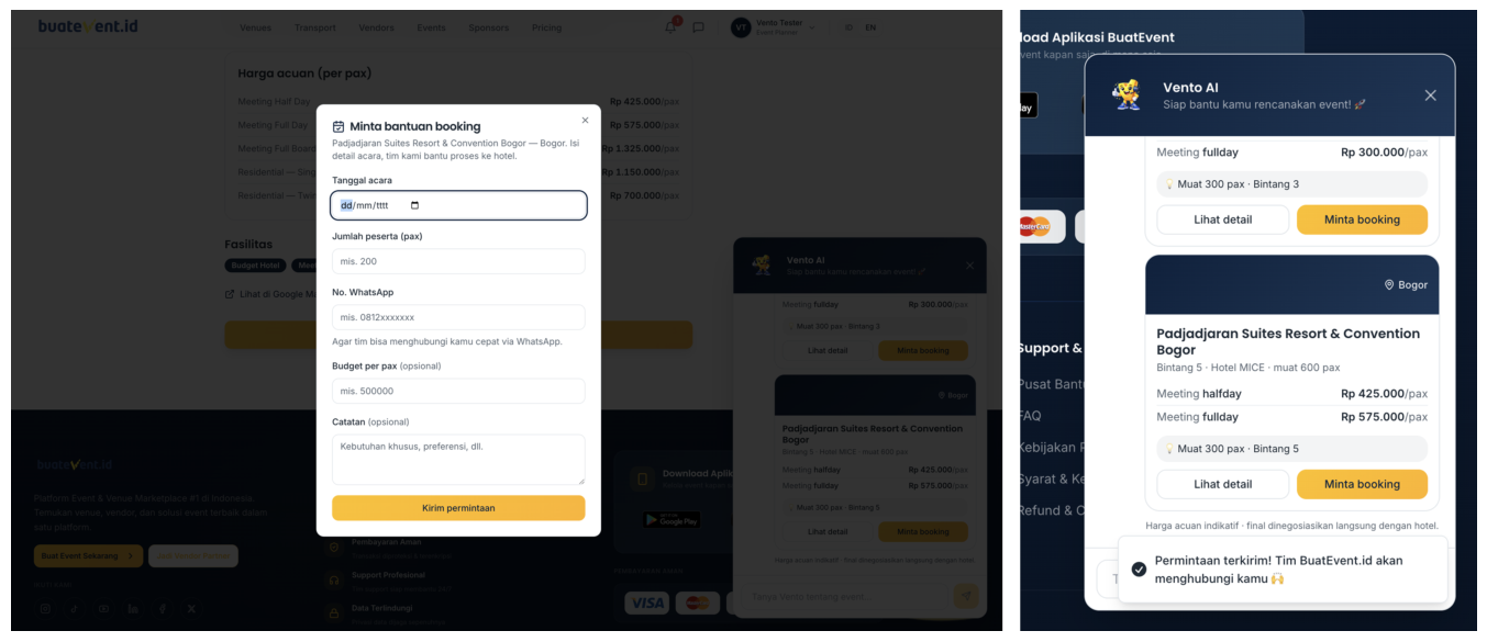 Alur permintaan booking hingga konfirmasi terkirim